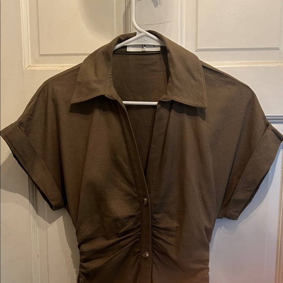 NWT Zara Linen Olive Button-Down Dress - Picture 2 of 9